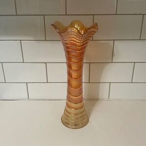 VTG Imperial Glass Co., Carnival Glass Iridescent Orange Ripple Vase